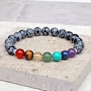 LKBEADS Natural 7 Chakra Stone & Snowflake Obsidian 8mm Round Shape Smooth Cut Beads 8 inch Stretchable Bracelet for Men & Women|STBR_RR_00104_80