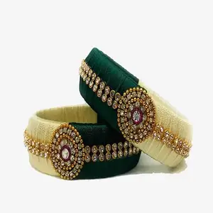 pratthipati's New Silk Thread Bangles Stones Chuda Bangle Set For Womnes and girls (White-Green-1) (Size-2/10)