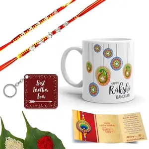 Chinove Om and Tortoise Elegant Design Handmade Silver Rakhi’s for Brother and Bhabhi Set of 2 with Wishing Card, Roli Chawal and Printed Ceramic Mug (SM13)
