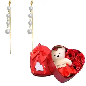 Fashion Frill Valentine Gift For Girlfriend Earrings For Women Gold Plated Pearl Korean Long Tassel Drop Earrings For Women Girls With Heartbox Love Gifts