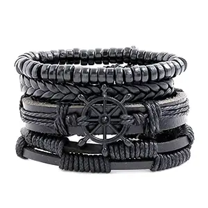 Peora Black Leather Bracelet Combo of 4 Stylish Fashion Design Hand Jewellery Gift for Men & Boys (PX9LB30)
