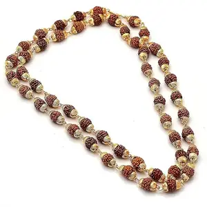 TENABLE NAUTICAL MART Golden-Capped 5 Mukhi Rudraksha Bead Mala with Brass Accents - Unisex 8mm Natural Brown Necklace, Pack of 1