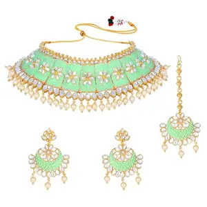 Peora Gold Plated Mint Meenakari Hand Crafted Choker Necklace Kundan and Pearl Studded With Dangle Earrings and Maang Tikka Bridal Jewellery Sets for Women and Girls