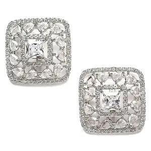 Karatcart Silver Tone Square American Diamond Stud Earrings for Women