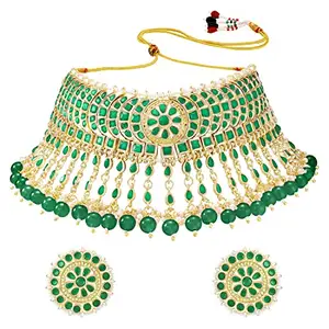 Peora Gold Plated Kundan Pearl Studded Green Choker Necklace Earring Traditional Jewellery Set for Women