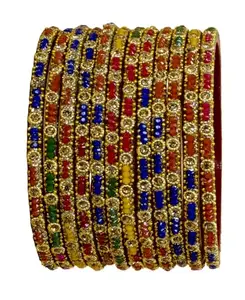 The Golden Cascade Glass Bangles Zircon Gold Pearl Stone Studded for Women Stylish Traditional Chudiyan for Ladies (Multi Color, 2.4)