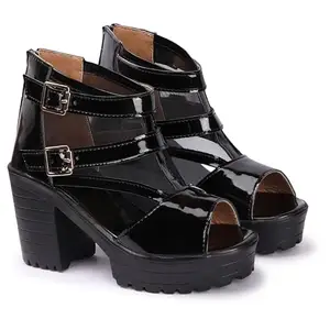 SLEEK STEP Women's Synthetic Casual Block Heel Buckle With Back Zip Cross Strap With Front Net Boot Sandal For Girl (Color:-Black, Size:-40)