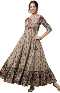 TANVASTYA Women's Rayon Printed Anarkali Dress Floral Design V Neck with 3/4th Sleeves Floor Length Flared Outfit for Special and Everyday Wear_XXXL Brown