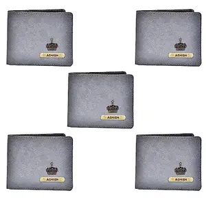 YOUR GIFT STUDIO Personalized Men's 5pcs Classy Leather Wallets | Customized Men's Wallet with Name and Charm (Grey)