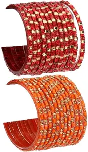 Somil Combo Of Wedding & Party Colorful Glass Kada/Bangle, Pack Of 24, Red,Orange