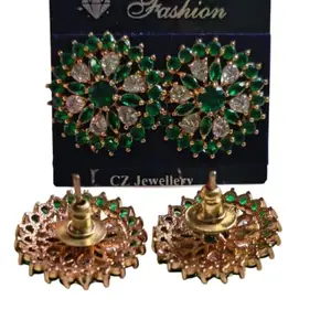 Elegant Green Stone Floral Stud Earrings for Women & Girls | Gold Plated Dailywear Jewelry