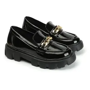 SLEEK STEP Women's Patent Leather Casual Solid Stylish Ankle Derby Black Slip-On Loafers
