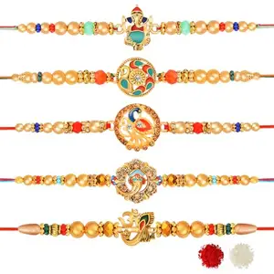 De Marquis 5 Designer Rakhi Gift Set for Brother, Mauli Thread, Chawal Roli Pack, Greeting Card Set (5 Multicolor RAKHI set in different design with Roli and chawal)