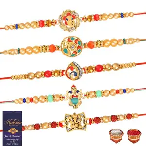 De Marquis 5 Designer Rakhi Gift Set for Brother, Mauli Thread Rakhi, Chawal Roli Pack, Greeting Card Set (5 Multicolor RAKHI set in different design with Roli and chawal)