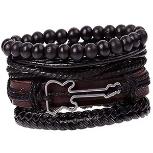 Jewelgenics 4pcs Per Set Multistrand Genuine Leather with Guitar Charm Leather Bracelet for Men Boys Music Lover