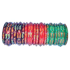 ISHIKA BANGLES ISHIKA Glass Glossy Finish Printed Leaf Pattern and Studded With Beads Multi Color Bangle Set For Women and Girls (Pack Of 18 Bangles) (2.8)