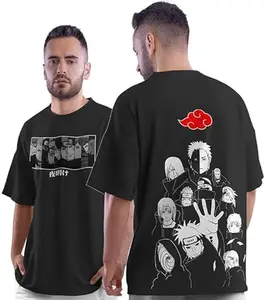 DUDEME Naruto Akatsuki Team Anime Oversized T Shirt | 100% Cotton Naruto, Jujutsu Kaisen, Goku, Gojo, One Piece Anime T Shirts (Medium, Black)