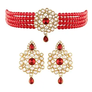 Amazon Brand - Anarva Gold Plated Traditional Kundan with Beads Choker Necklace Jewellery Set for Women/Girls (ML265M)