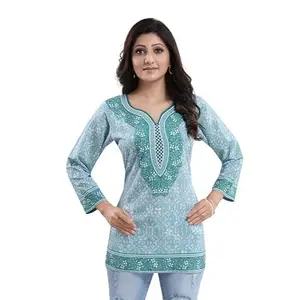 Tomar Creation Women's Quarter Sleeve Faux Crepe Printed Short Kurti Tunic Top (Color:Blue, Size:XL)-PID37889