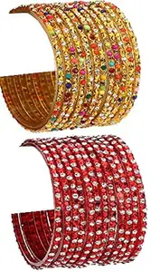 Colorful Glass Bangle/Kada Set Combo Ornamented With Colourful Chips & Beads_G769 (AkBang2-AHJ1.a_bang)