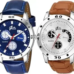 Acnos Premium Leather Analog Watch for Men Combo Pack of 2 Arrival Blue Brown