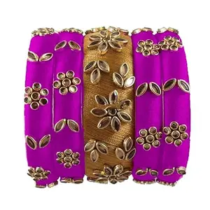 HARSHAS INDIA CRAFT Silk Thread Bangles Stones Chuda Bangle Set (Gold-Violet) (Size-2/6)