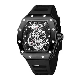 Giordano Analog Skeleton Dial Watch for Men – Tonneau Case, Silicone Strap, Open-Gear Sport Design, Quartz Movement