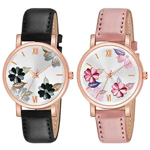 Shocknshop Leather Analog Multi Colored Flower Design Dial Combo Wrist Watch For Women Girls - (Black & Pink Colored Strap), Black Band