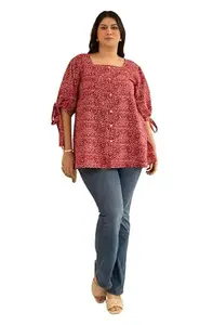 Janasya Women's Plus Size Maroon Cotton Floral A-Line Top (PL1026-TP-N-XL)