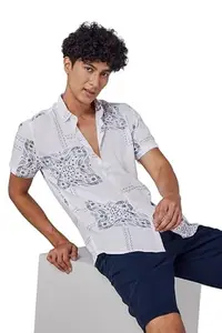 SNITCH Mosaic Bandana White Shirt Rayon Slim Fit Shirt|Anti-Dust|Coin Pocket |Two Patch Pocket |Comfort Stretch