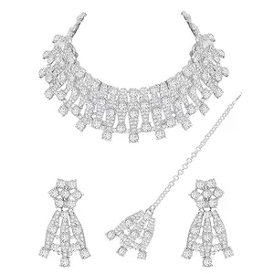 SAIYONI Traditional Rhodium Plated Austrian Diamond Choker Jewellery Set For Women & Girls - Silver | Silver Plated Choker Necklace With Earrings & Maangtikka