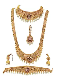 Nagneshi Art Gold Plated 1 Long Necklace Set, 1 Choker Necklace Set, 1 Pair of Earrings, 1 Maang Tikka, 1 Kamarband || Necklace Set for Women & Girls