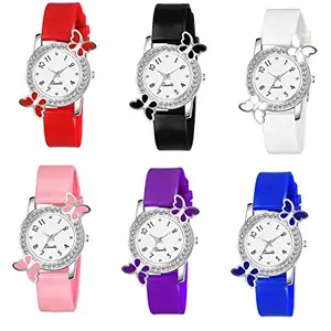 KIARVI GALLERY Analogue Butterfly Designer Girl's Watch (White Dial Multicolored Strap Pack of 6)