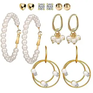 Driara earring 051 Trendy 6 Pairs Gold & Pearl Hoop & Stud Earrings Set for Women & Girls – Heart, Crystal & Beaded Designs