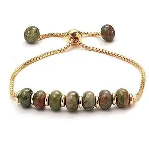 LKBEADS Gold Plated Bracelet with Multicolor Smooth Unakite Beads – Rondelle 8mm – 7 inch Adjustable – For Men & Women|LK_STACK_06569