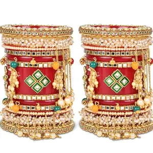 BIANKA"Crimson Radiance: Red Chuda Set with Lattkan Bangles, Pearl Latkan Gold-Silver Beads Work, Rajwada Kada (Style 1, 2.6)