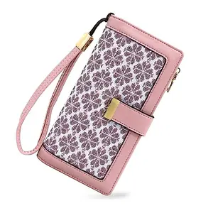 PALAY® Women Purse PU Leather Long Wallet for Women RFID Card Bag Four Leaf Clover Embossing Fashion Women Wallet Cluntch Bag Gift for Women (Pink)