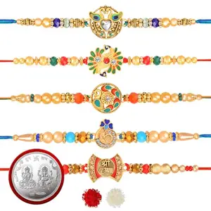 De Marquis 5 Designer Rakhi Sets |1 Laxmi-Ganesh Pooja Coin | PC-09313 Pearl, Kundan, Mauli Thread Rakhee for Brother | Roli-Chawal | Best Wishes Greeting Card (Pack of 5 Rakhees)