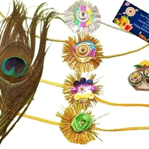 Vrinde 4 Designer Fancy Rakhi with 10 cm Roli Chawl Plate n Greeting Card RAKHI 23212