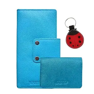 ABYS Genuine Leather Sky Blue Long Women Wallet/Unisex Card Holder with Keyring Combo Offer
