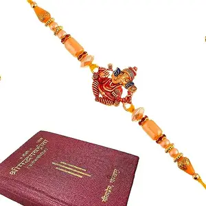 ascension 4 Ganesha rakhi Kundan Meena Rakhi Raksha Bandhan Gift Band Moli Bracelet Stone Pearl Rakhi for Brother bhaiya with Bhagavad Gita Book & Roli Tilak Pack