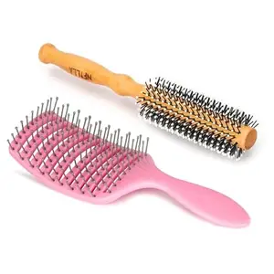 Nfilla Round Styling Hair Brush, Wooden Handle Styling Brush, Curling Roller Hairbrush Roller Comb Hair For Men And Women, Straightening And Curling, Wet And Dry Hair With Vented Hair Brush and Hair Comb