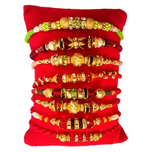 DMS RETAIL Elegant Rakhi For Beloved Brother Pearl Rudraksh Golden Beads Rakhi Conbo Of 8 Rakhi With Tilak Stick And Roli Chawal (T-Z9-Z11-Z14-Z22-Z24-Z25-Z27)