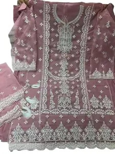 Pakistani Embroidered Suit, Unstitched Dress Material, Pink with White Floral Design