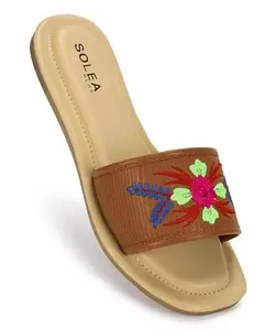 PARAGON K6020L Women's Sandals | Stylish Slip on Flats with Cushioned Soles | Trendy Lightweight Durable & Comfortable Fashion Slippers for Outdoor Use Tan