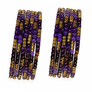 Glass Bangles Set for Women (12 Pieces) | Traditional Designer Chudi with Sequin & Gold Bead Work | Sizes 2.4/2.6/2.8 | Wedding, Bridal & Festive Jewellery