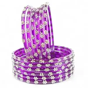RIJB Stylish Glass Bangles set for women & Girls With Zircon Stone work in Flower Pattern | Fancy Kanch ki Chudi Set | Bangles for Wedding, Party & Gift | Traditional Girl's Bangles Bracelet-Set of 12