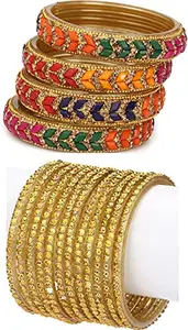 Colorful Glass Bangles/Kada Set Combo Ornamented With Colourful Chips & Beads_D787 (AkBang2-HI1.c_bang)