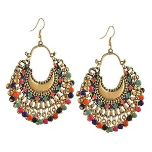 Modern Mood Ethenic Studded Chandbali Jhumka Earrings for Womens and Girls | Traditional Golden Tonned Stylish Latkans Design Earrings