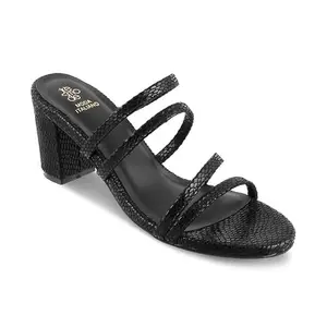 tresmode Imulate Women's Dress Black Block Heel Sandals - Chic Textured Design for Party Nights || Size (EU-38/UK-5/US-7)